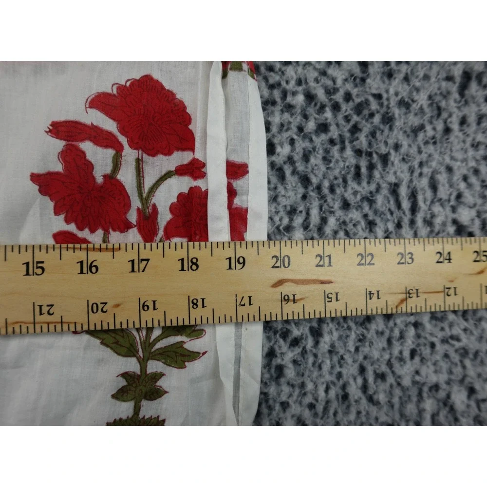 itokri Floral Block‎ Print Scarf White Red Green Pom Pom Trim Boho Unisex OS
